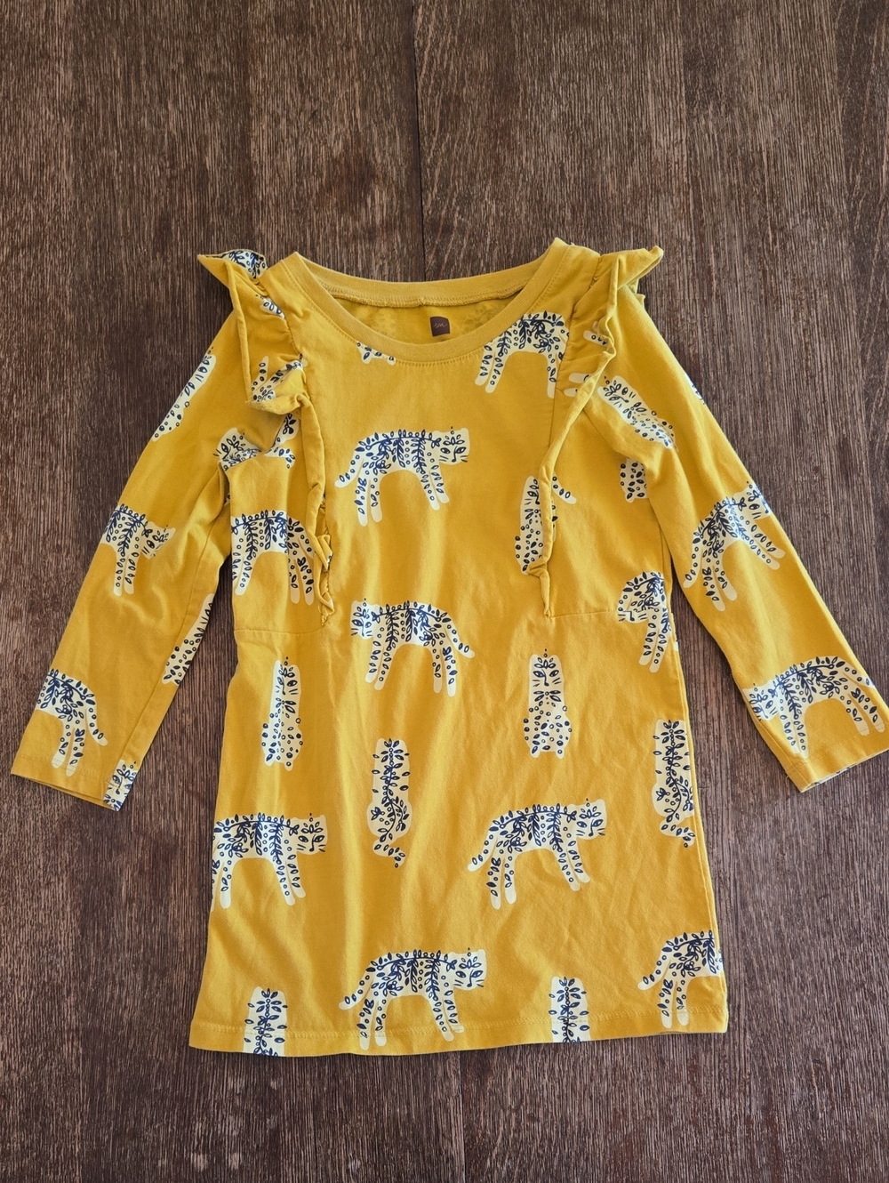Tea Collection Long Sleeved Mustard Yellow Leopard Print Dress, Girls 5